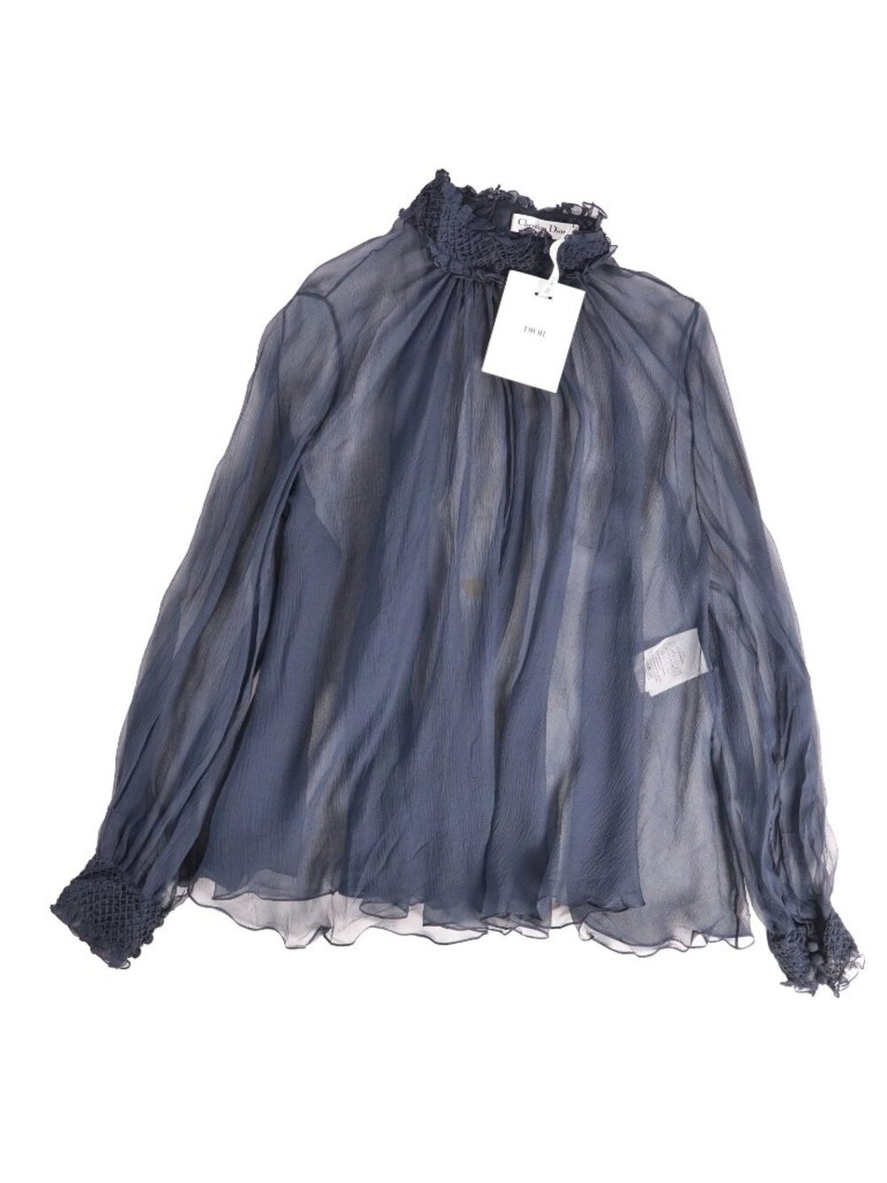 Dior Shirt Blouse Long Sleeve Silk Sheer Top Navy US 6